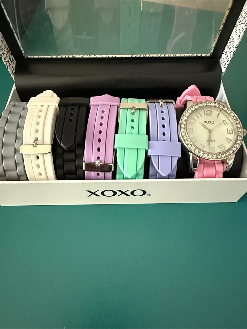 XOXO Pastel Silicone Strap Watch Set with Crystal-Trim Silver Dial